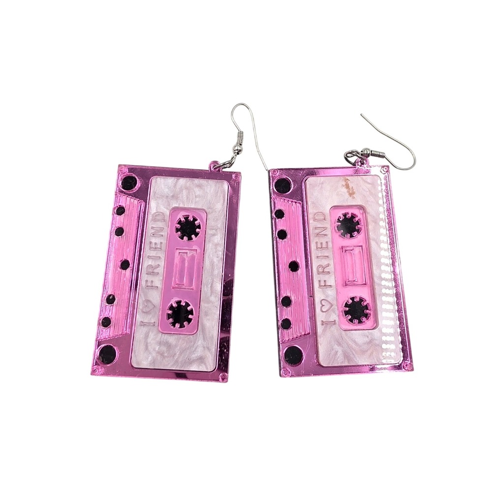 Pink Cassette‎ Tape Dangle Earrings Retro 80s Mixtape Acrylic I Love Friend Kits